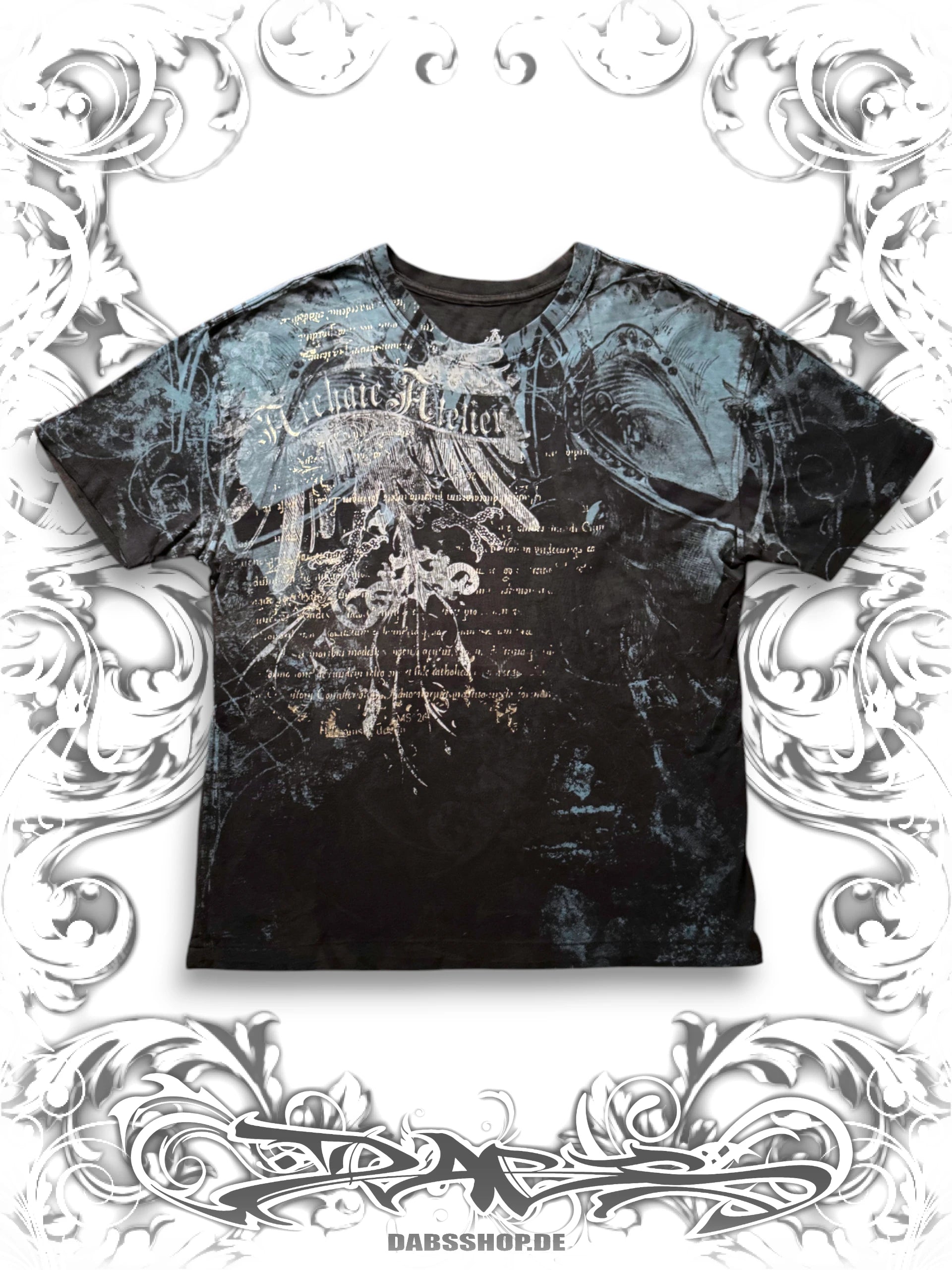 Archaic vintage T-shirt with all-over graphic print with golden letters