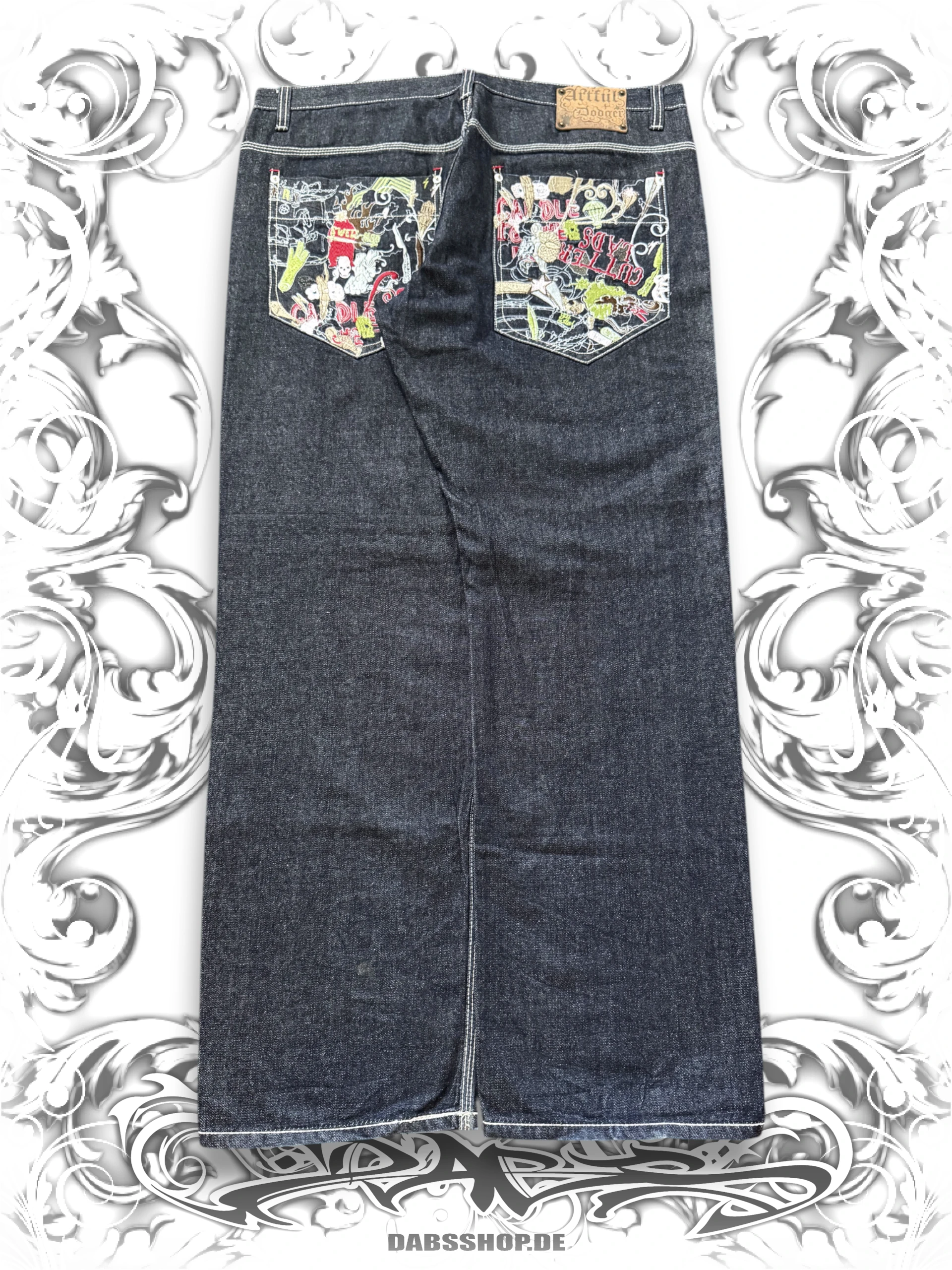 Artful Dodger Cutter Lads embroidered baggy pants with detailed embroidery and a relaxed fit, 2000s hip hop style