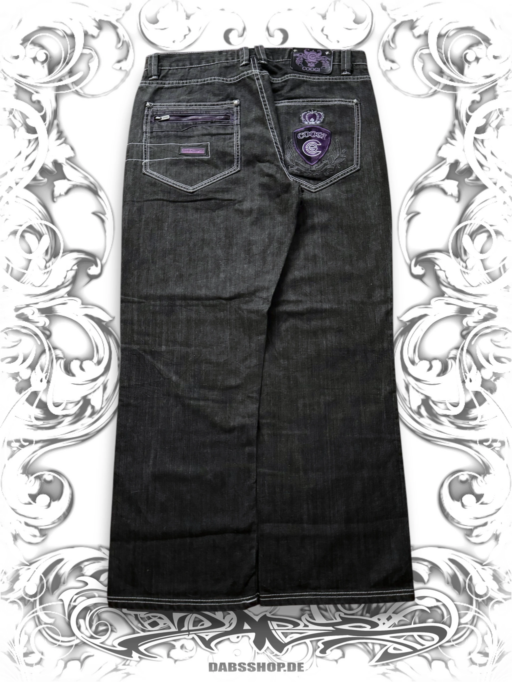 Coogi black vintage baggy pants with embroidered purple crown and a relaxed 2000s hip hop style