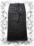 Coogi black vintage baggy pants with embroidered purple crown and a relaxed 2000s hip hop style