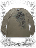 Khaki MMA Elite long sleeve shirt with cross graphic design inspired by 2000s MMA and vintage Y2K sportswear style