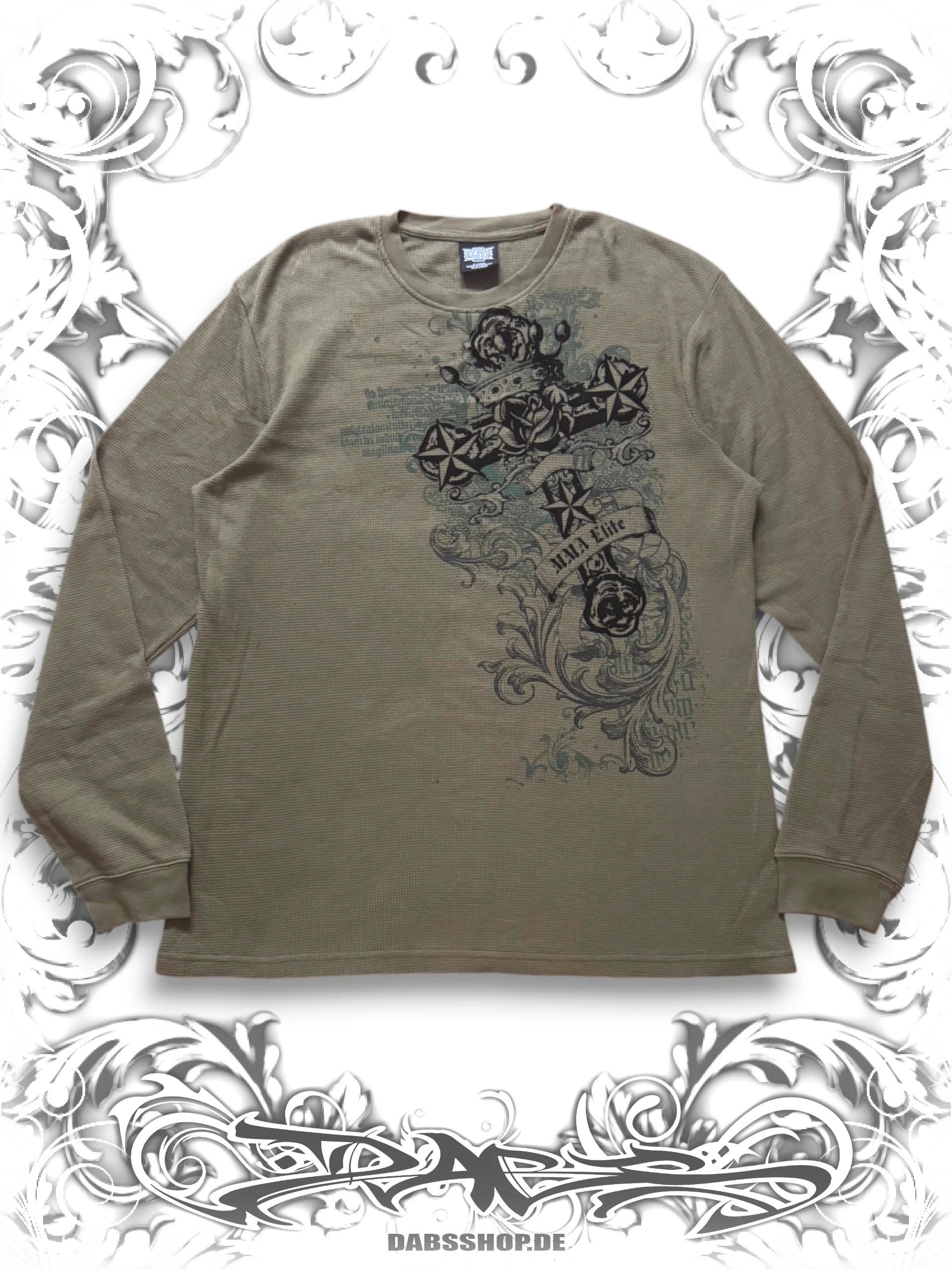 Khaki MMA Elite long sleeve shirt with cross graphic design inspired by 2000s MMA and vintage Y2K sportswear style