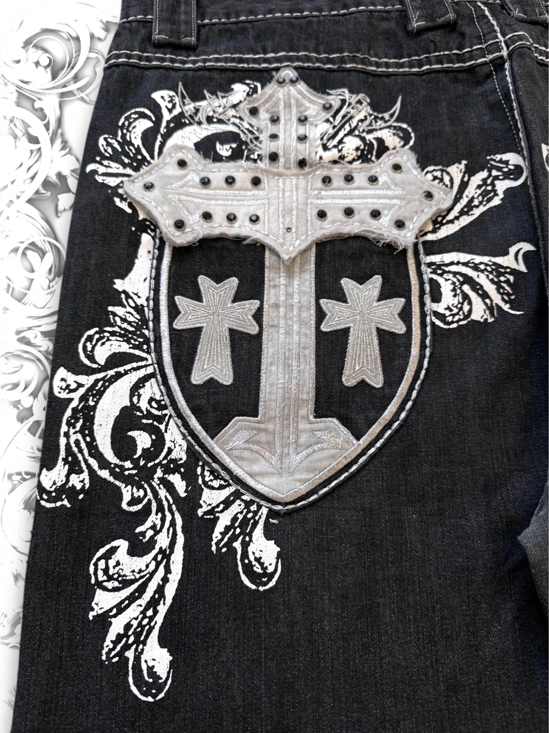 Imperious Embellished Grunge Cross Jorts with Rhinestones