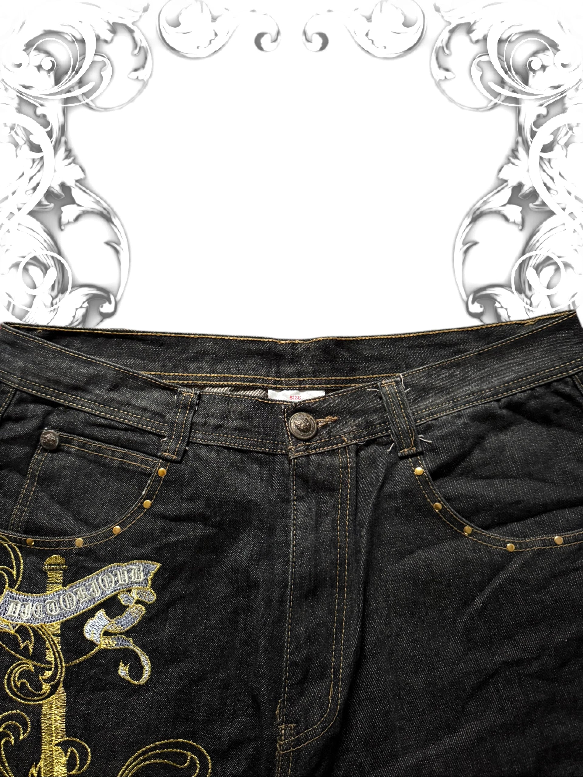Crownholder y2k Baggy Jorts with Golden Wings Embroidery