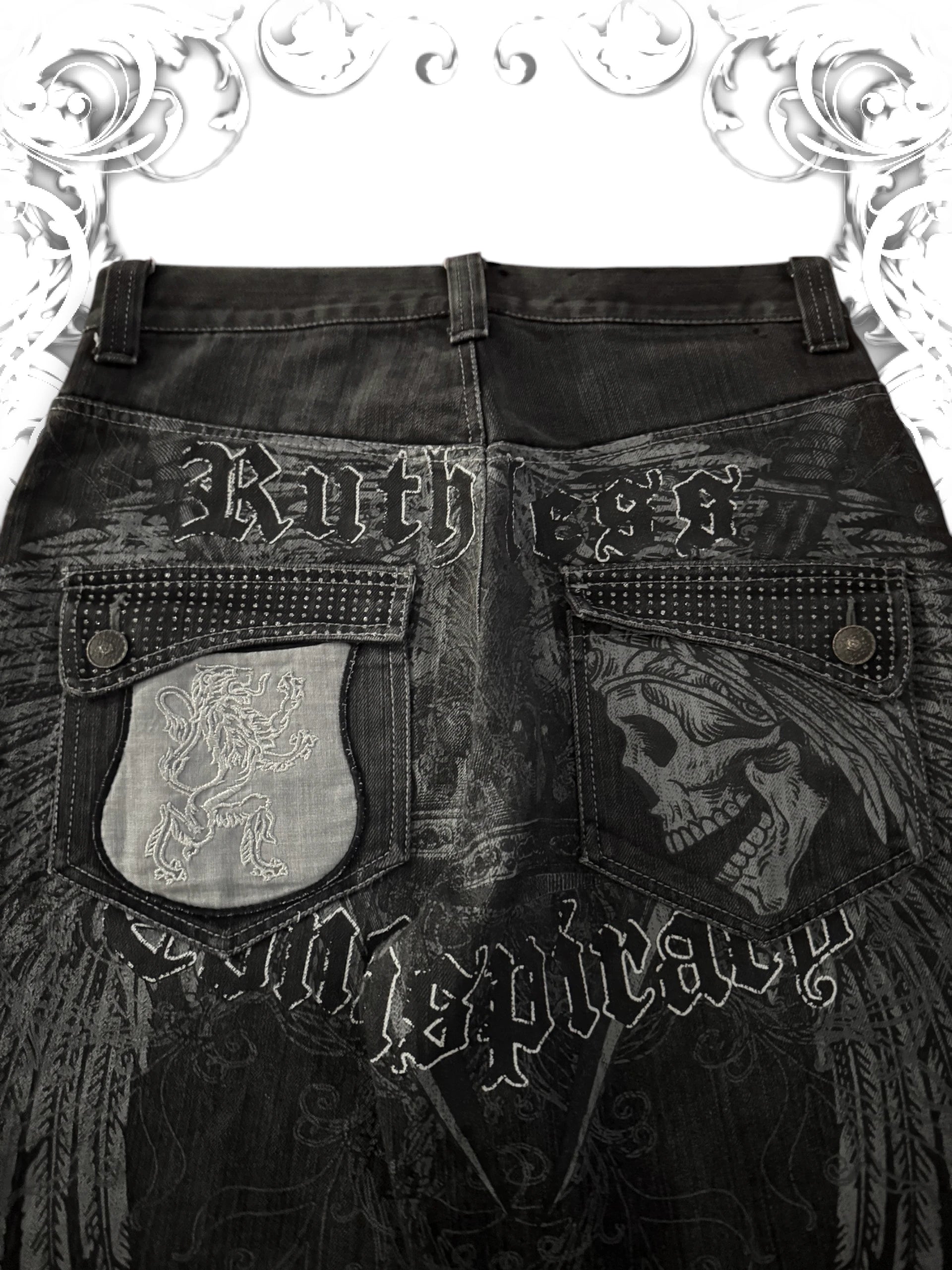 Raw Blue "Ruthless Conspiracy" Winged Skull 2000s Jorts