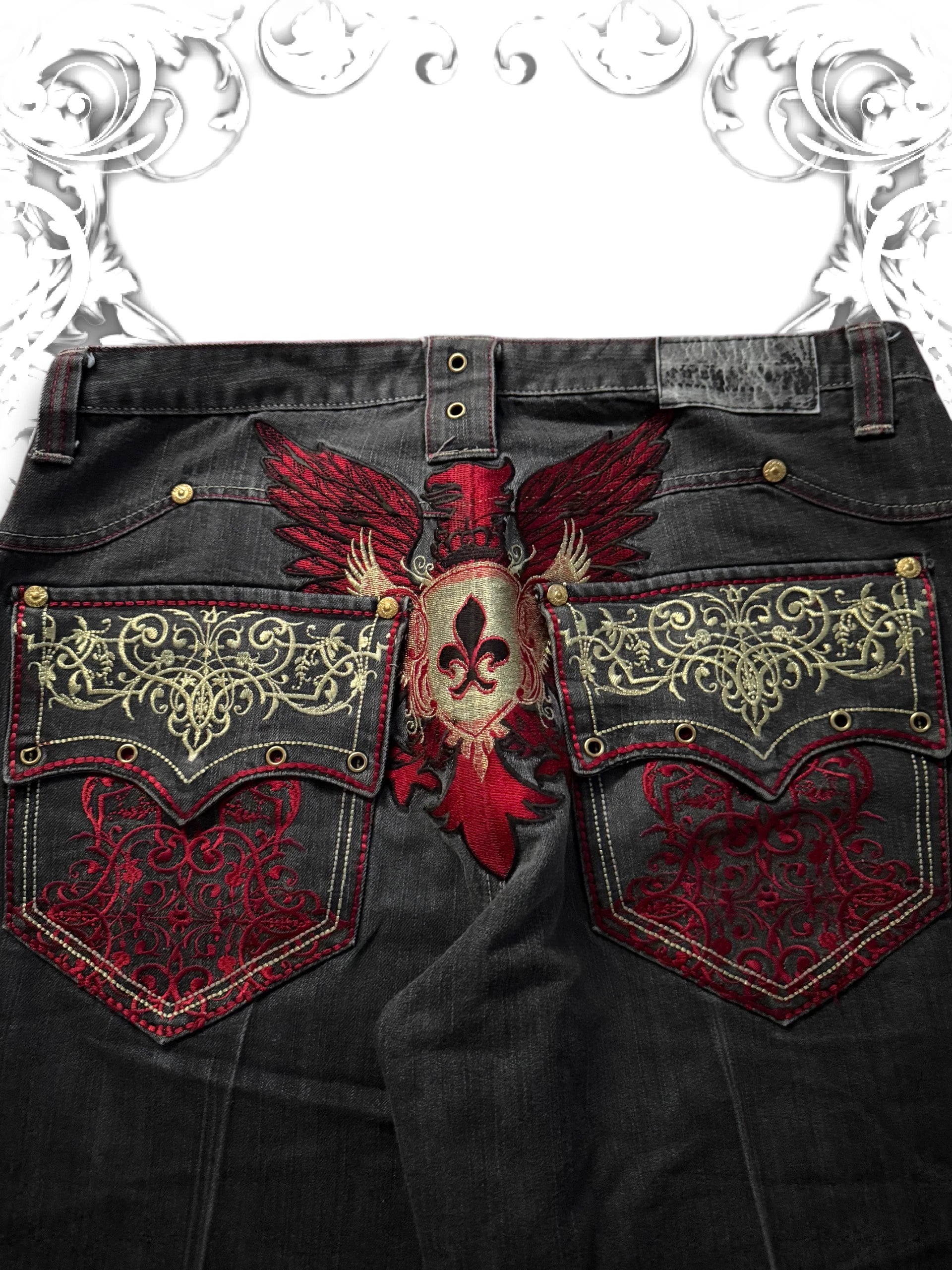 Imperious Embroidered Red Phoenix Vintage Jorts