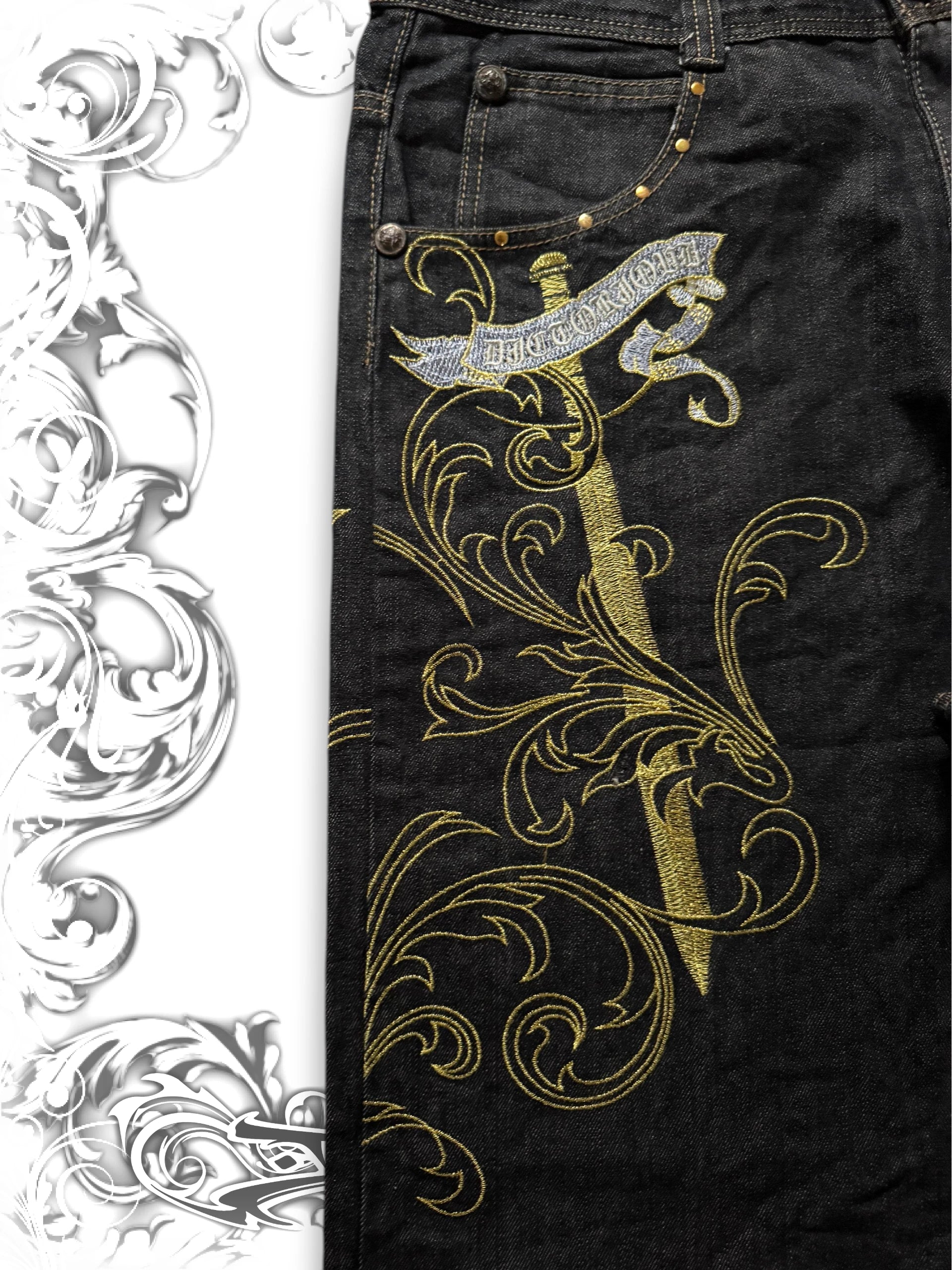 Crownholder y2k Baggy Jorts with Golden Wings Embroidery