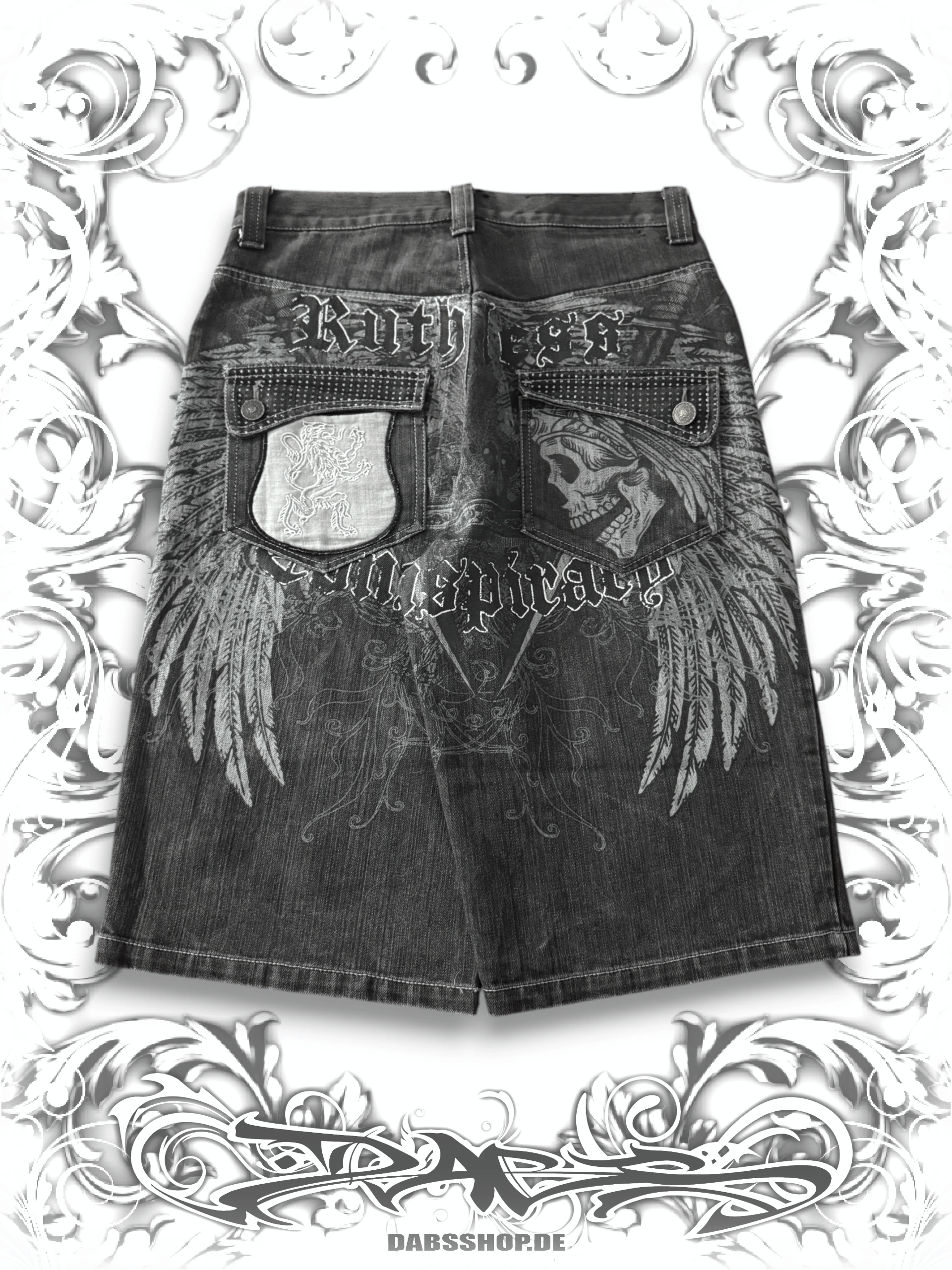 Raw Blue "Ruthless Conspiracy" Winged Skull 2000s Jorts