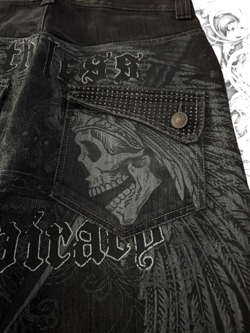 Raw Blue "Ruthless Conspiracy" Winged Skull 2000s Jorts