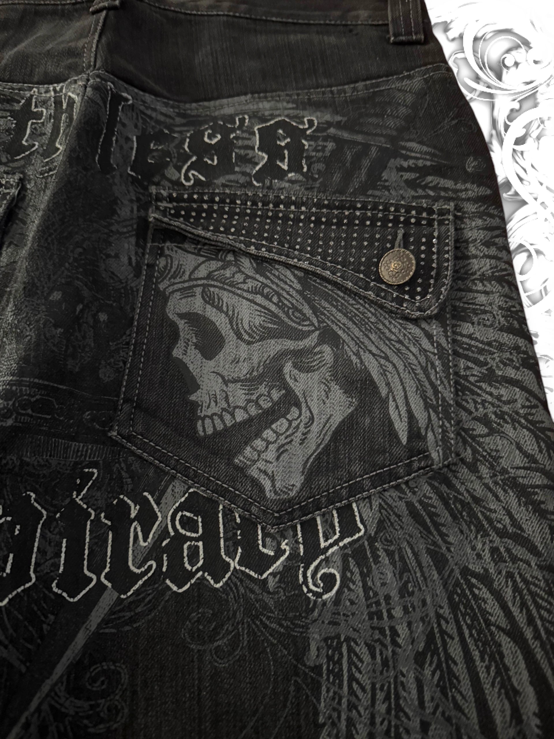 Raw Blue "Ruthless Conspiracy" Winged Skull 2000s Jorts