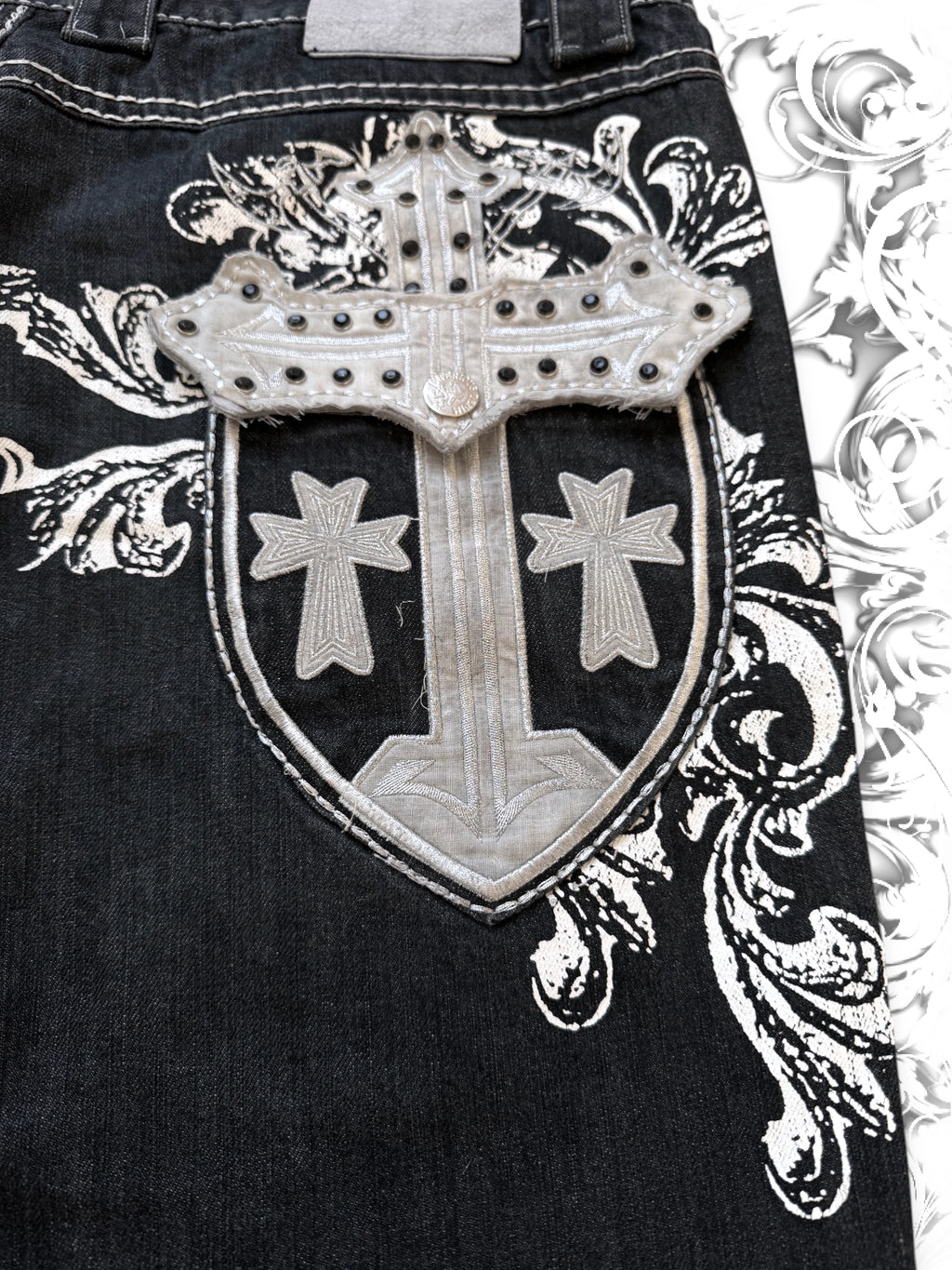 Imperious Embellished Grunge Cross Jorts with Rhinestones