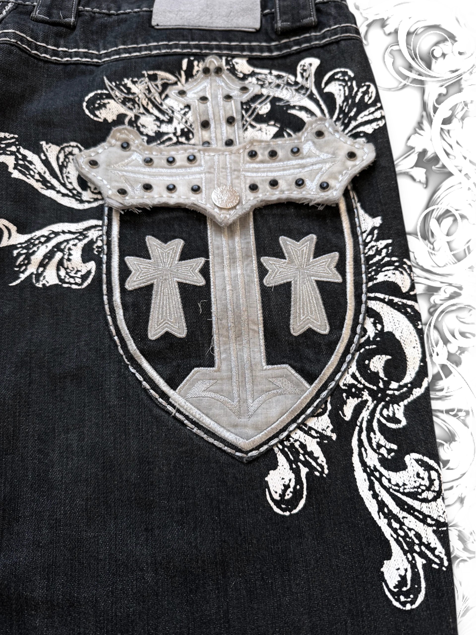 Imperious Embellished Grunge Cross Jorts with Rhinestones
