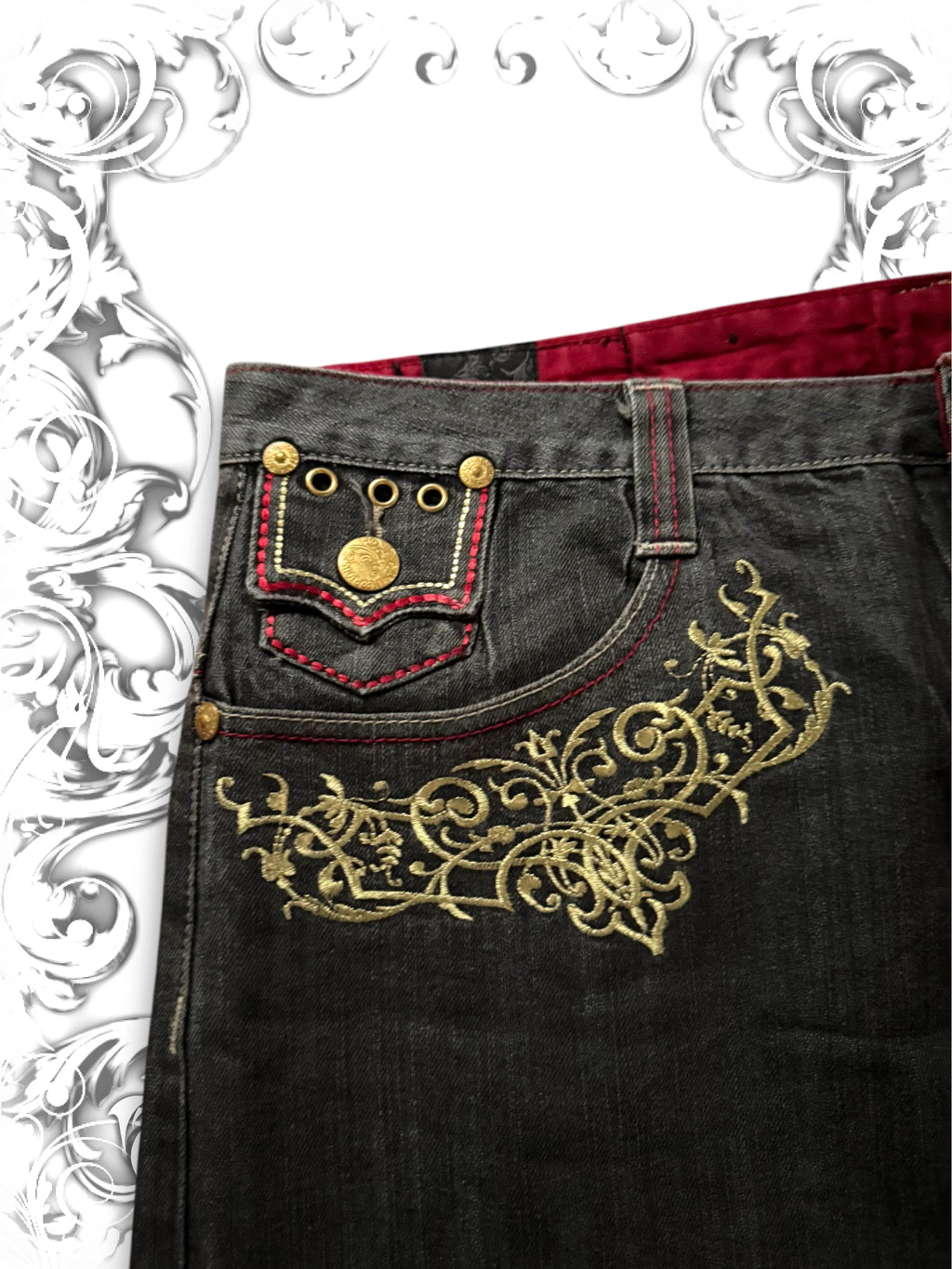 Imperious Embroidered Red Phoenix Vintage Jorts