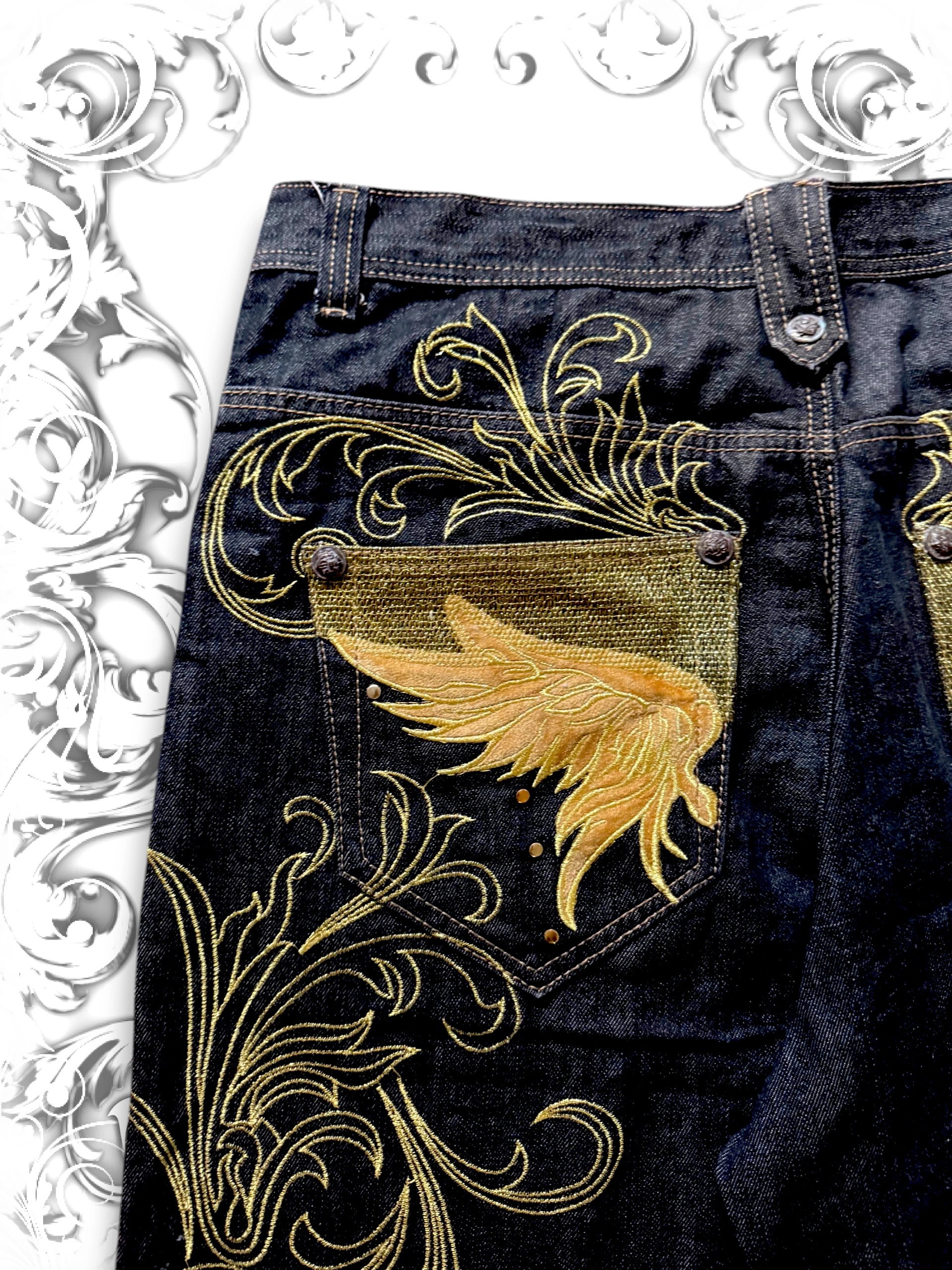 Crownholder y2k Baggy Jorts with Golden Wings Embroidery