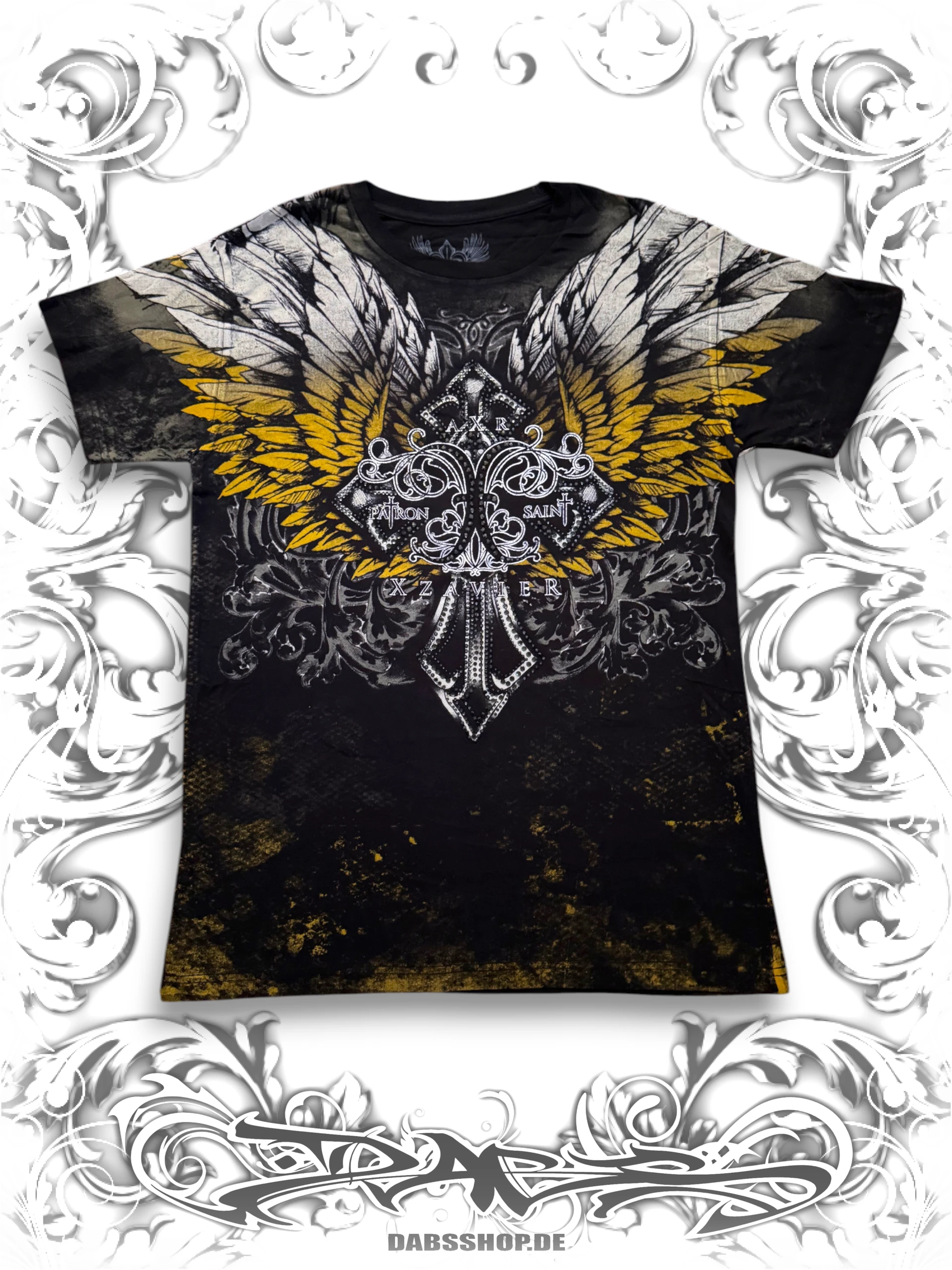 Xzavier Vintage 2000s black and yellow Graphic Tee with Rhinestone Details and Edgy Grunge Wings printed